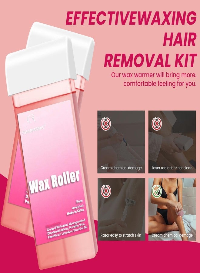 Charmonic Roll On Wax Kit, Portable Wax Roller Kit for Coarse/Fine Hair Removal, Beginners Waxing Roller for All Skin Types with 3 Pcs 100g Roll Cartridge, 100 Non-Woven Strips & 10 After Oil Wipes (F3_Pink) - Image 5